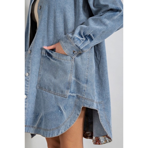 SOLD OUT Denim Blue Mineral Washed Oversized Long Jacket w/ Paisley Cuff Detail - Picture 9 of 11